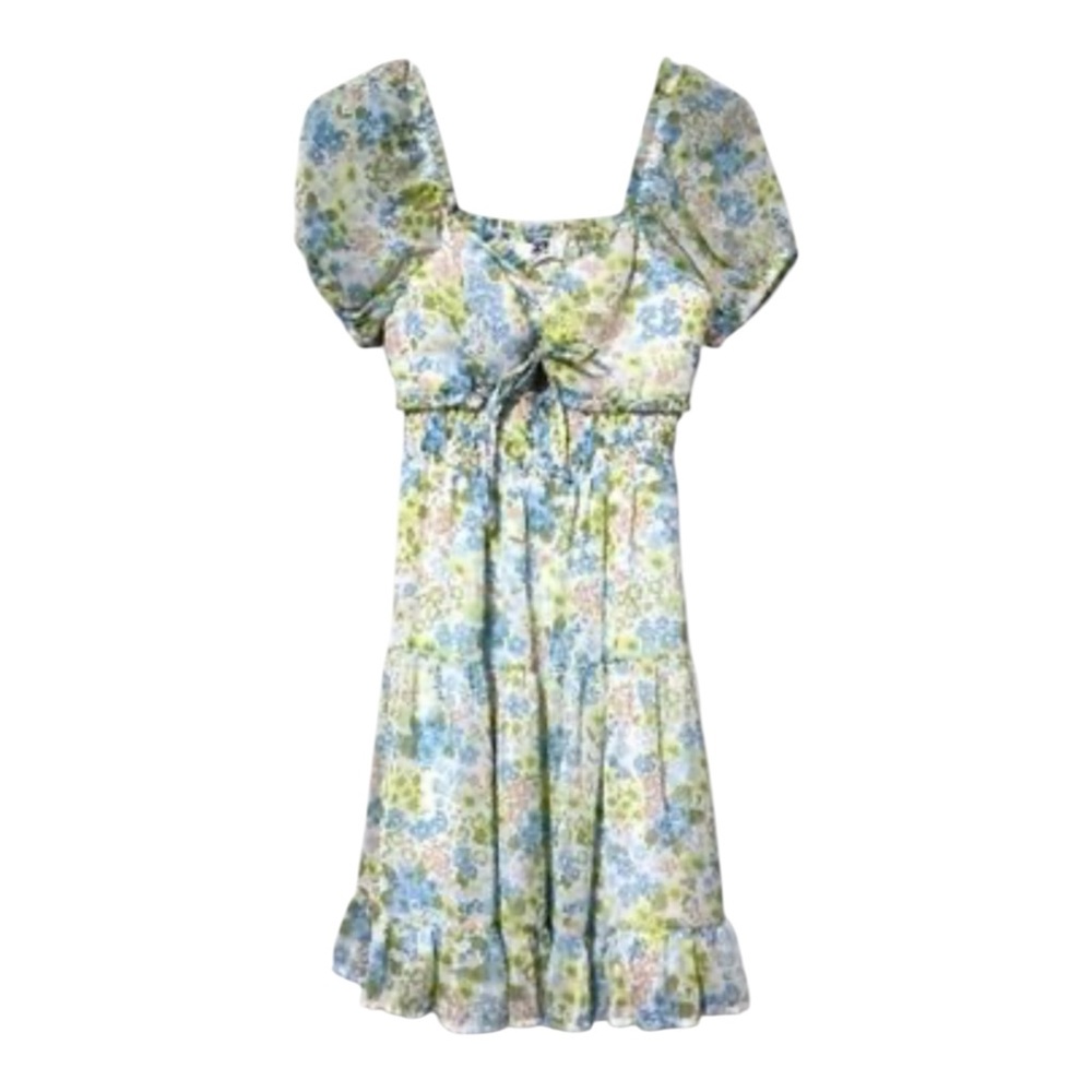Madden NYC Y2K Blue/Green Floral Babydoll Milkmaid Romantic Mini Dress XXL